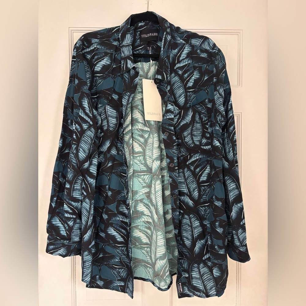 Wildfang Long Sleeve Button Up Tropical Palm Print SIZE XL